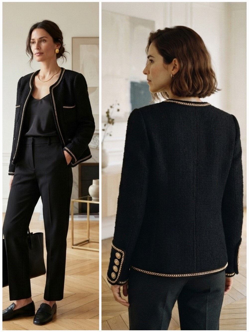 NWT Urban Reivo 6 Classic No-Collar Black Gold Tweed Jacket Parisian Feminine